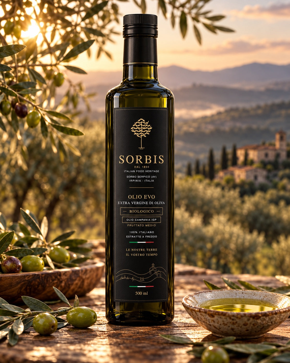 Bottiglia Sorbis di olio EVO biologico Campania IGP da 500 ml