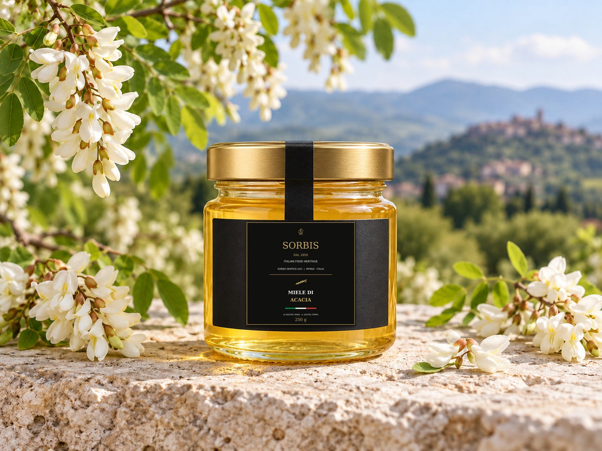 Vasetto SORBIS di miele di acacia da 250 g con tappo dorato e sigillo nero