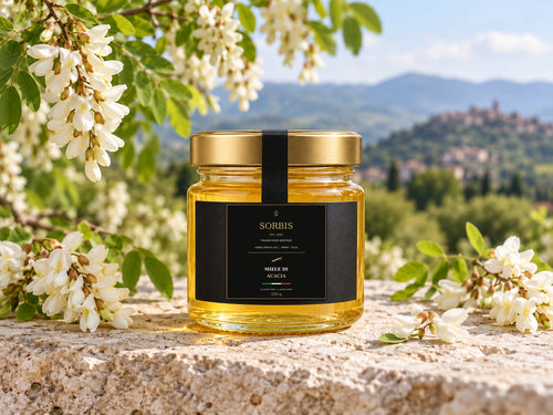Vasetto SORBIS di miele di acacia da 250 g con tappo dorato e sigillo nero