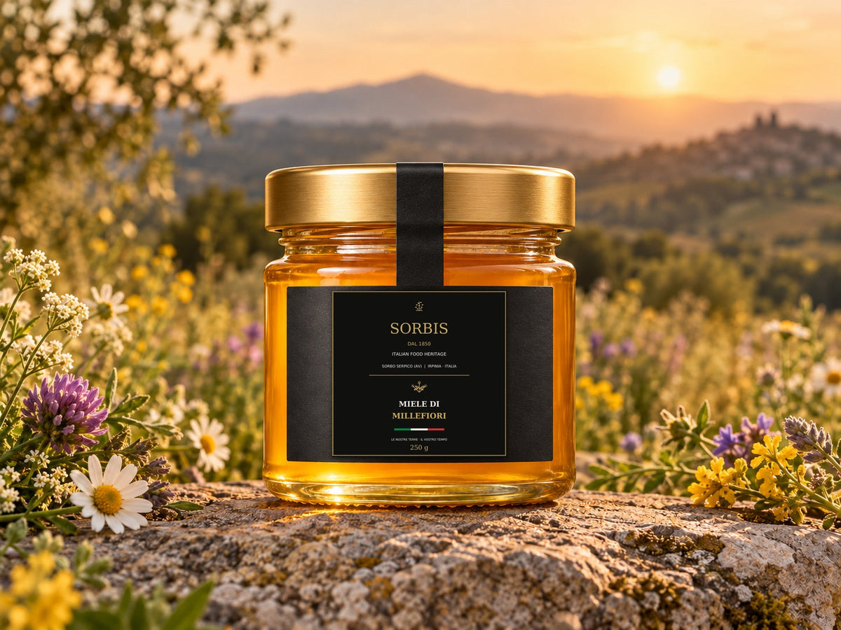 Vasetto SORBIS di miele millefiori da 250 g con tappo dorato e sigillo nero
