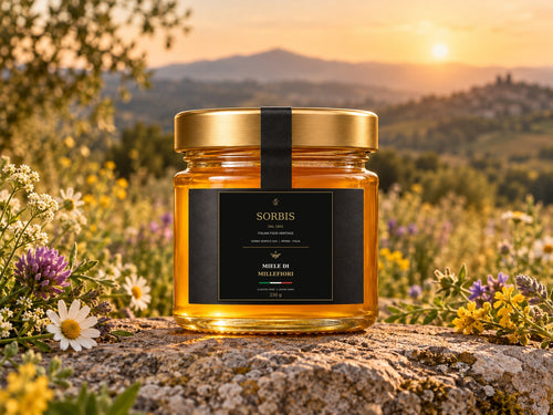 Vasetto SORBIS di miele millefiori da 250 g con tappo dorato e sigillo nero